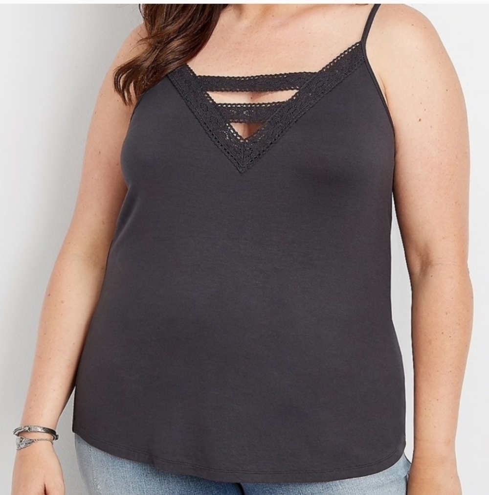 Maurice's Gray Super Soft V-neck Crochet Cami Tank Top 1X